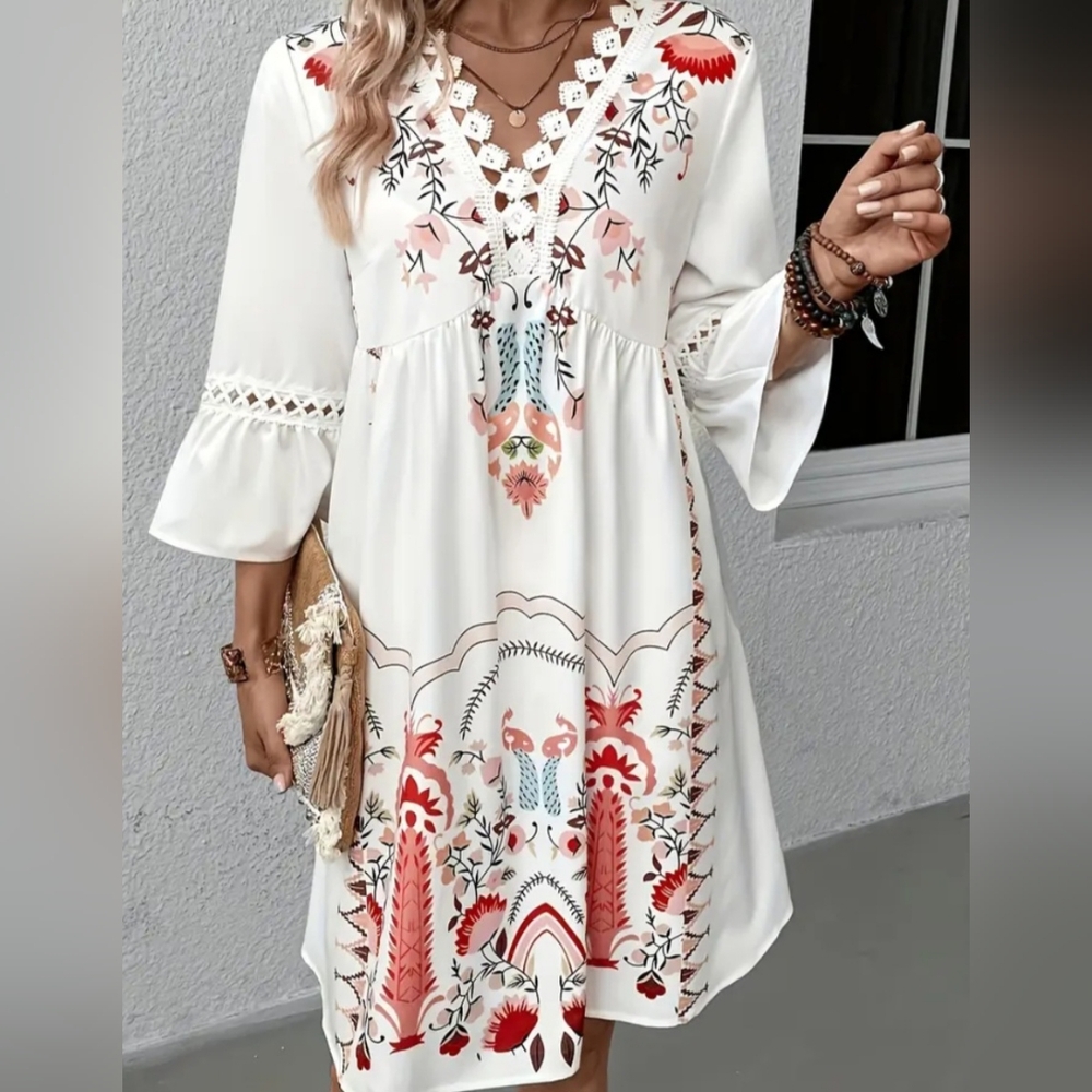 White Cut Out Tie Front Sundress with Bell Sleeves